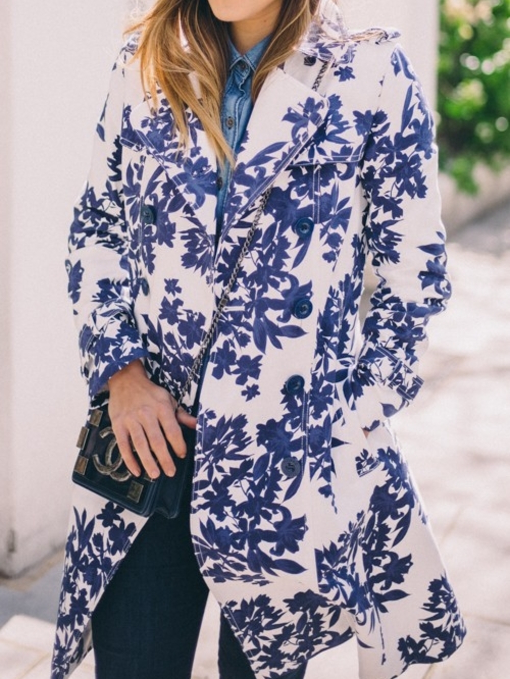 Floral Print Long Sleeve Shift Dress - Blue & White